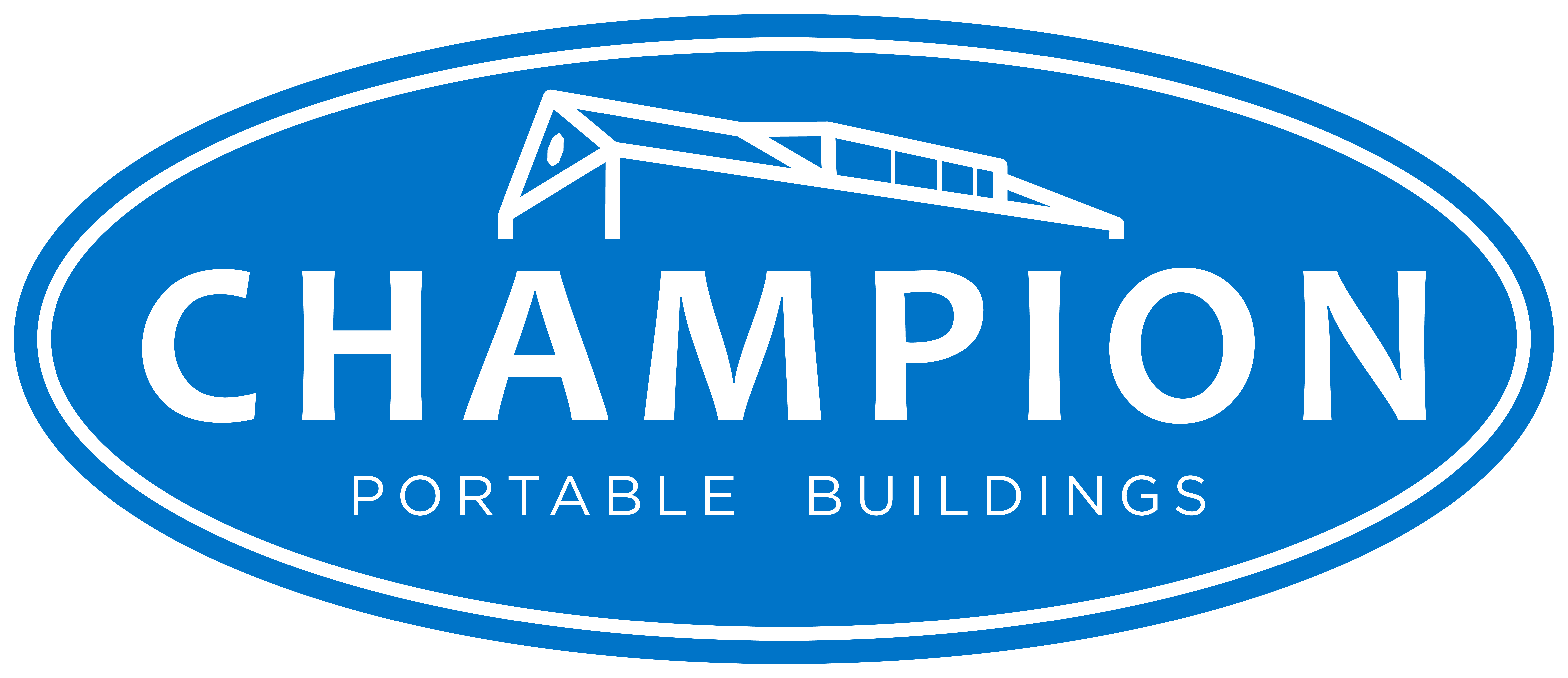 Champion Portable Buildings White and Blue Logo