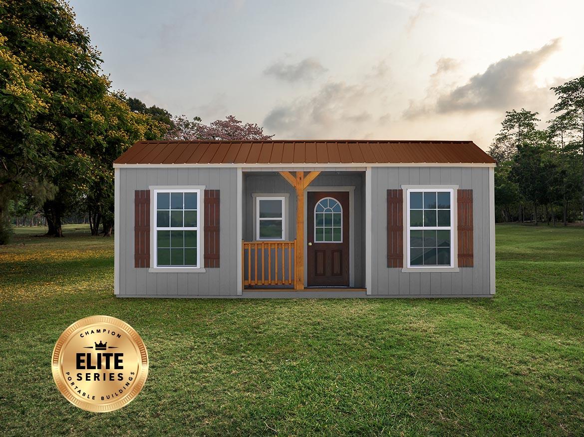 Gray portable tiny home or office with shutters and porch For Sale in Alabama, Mississippi, and Ohio