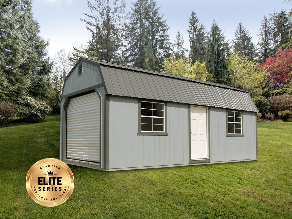 Gray Storage Shed with Garage Door For Sale in Alabama, Mississippi, and Ohio