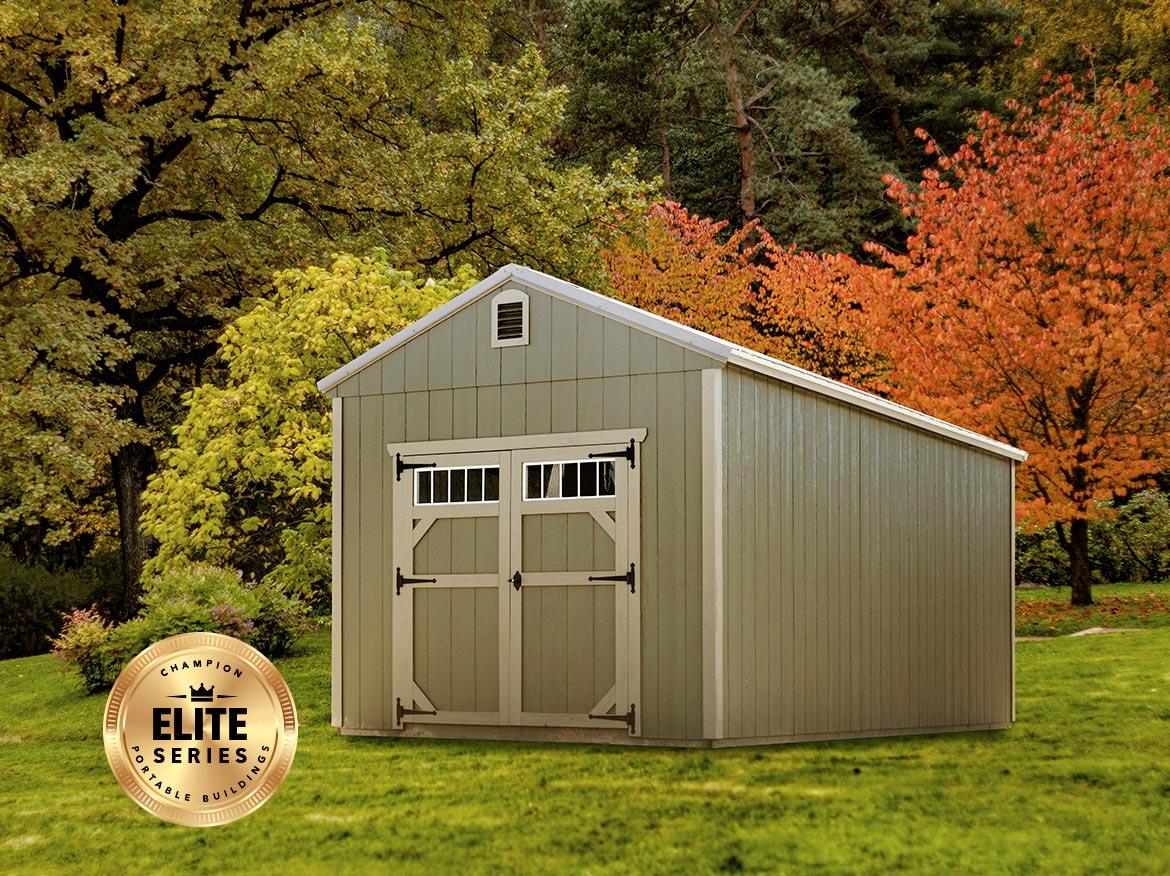 Brown Storage Shed with Double Doors and Transom Windows A-Frame Storage Shed with Double Doors and Windows For Sale in Alabama, Mississippi, and Ohio