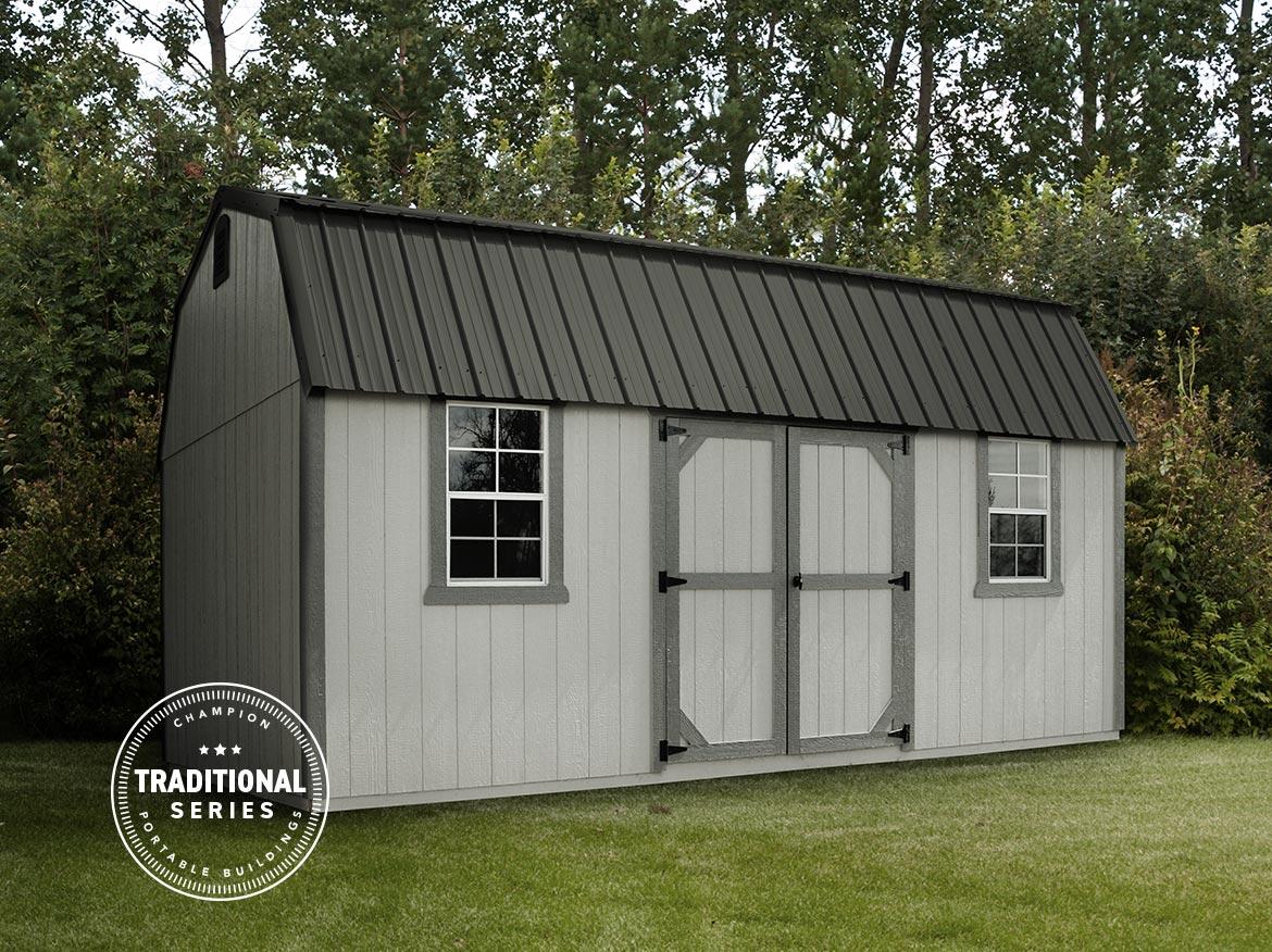 Gray Side Lofted Barn With Double Doors and Windows Metal Lofted Portable Barn with Double Doors For Sale in Alabama, Mississippi, and Ohio