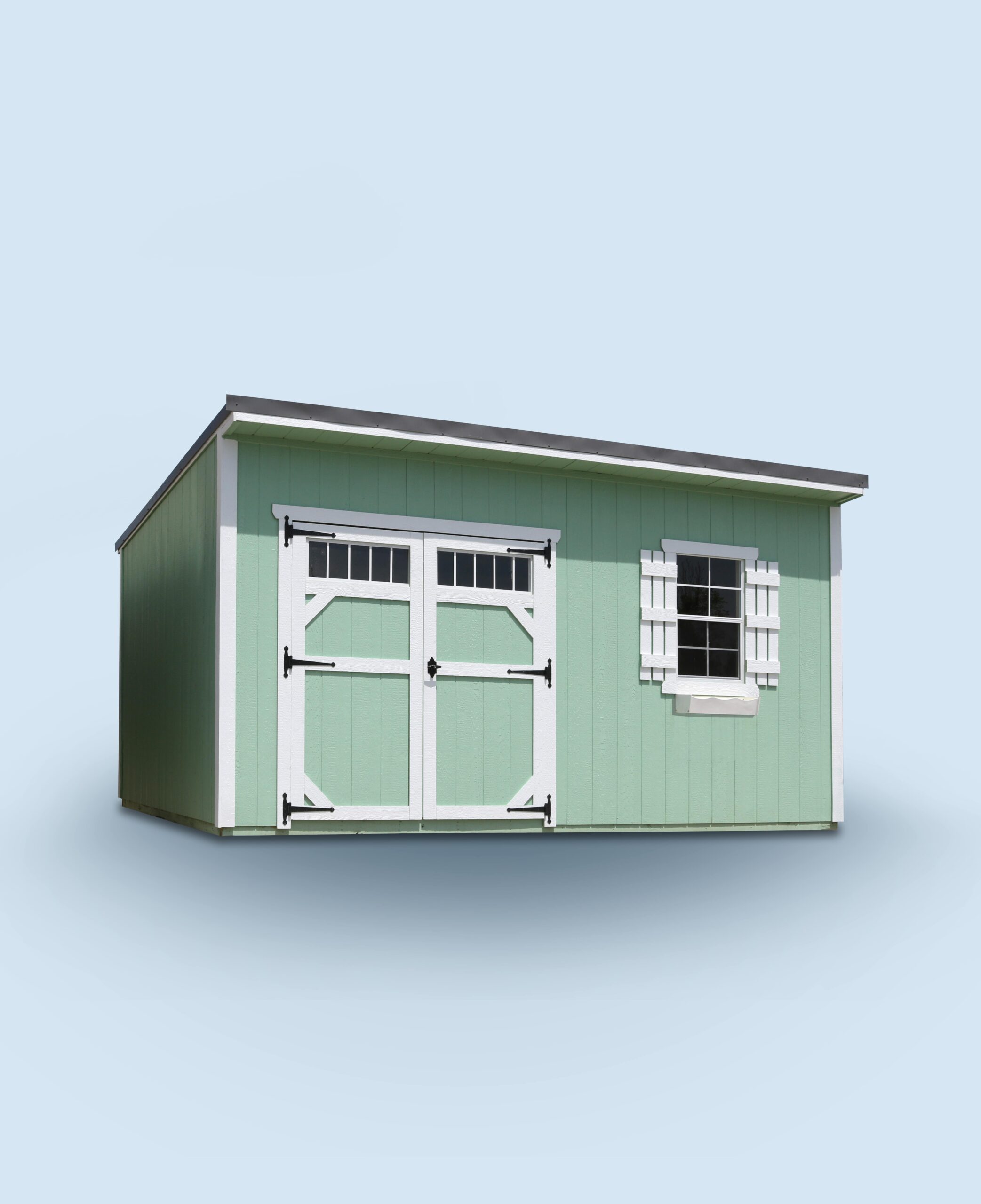 Cottage shed with double carriage doors, a 2×3 window, and durable LP SmartSiding, available in 30 colors.
