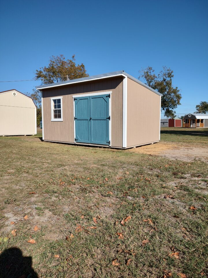 color option (doors painted Slate blue) and a 2x3 window.